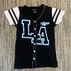 On Fire Baseball Jersey California LA Graphic Tee Striped Sleeve‎ Kids Size L